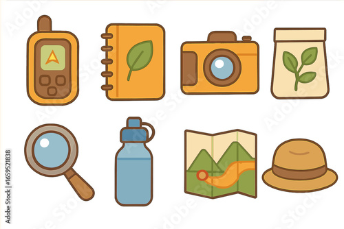 Field Research Tools. Flat vector mini-illustrations Conservation field research tools in colors children's