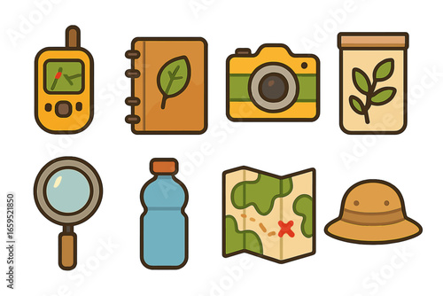 Field Research Tools. Flat vector mini-illustrations Conservation field research tools in colors children's