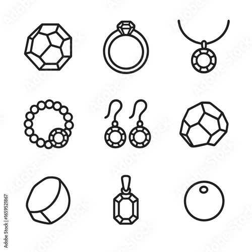 Garnet Jewelry Icons. Outline icon set of garnet: garnet stone, garnet ring, garnet necklace, garnet bracelet, garnet earrings,