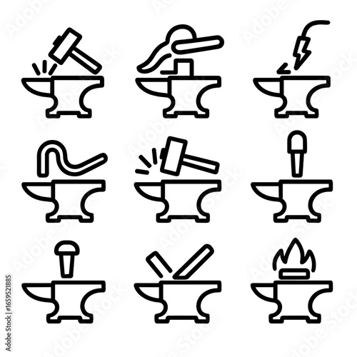 Anvil Technique Icons. Outline icon set of anvil techniques: forging, shaping, welding, bending, flattening, punching, riveting,