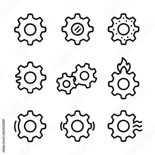 Gear Failure Icons. Outline icon set of gear failure modes: gear tooth breakage, gear wear, gear pitting, gear scoring, gear