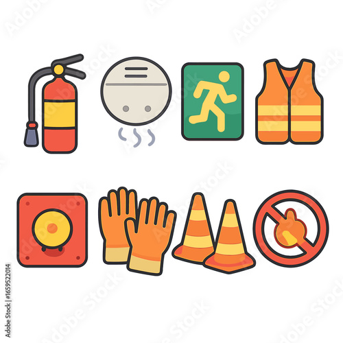 Fire Safety Icons. Flat vector mini-illustrations fire and safety precautions in high-risk environments in
