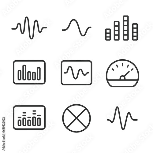 Audio Icon Grid. Outline icon set of stereo audio visualization: waveform, frequency spectrum, sound bars, equalizer display,