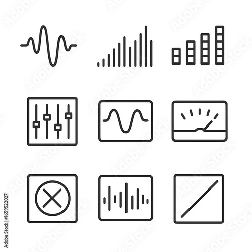 Audio Icon Grid. Outline icon set of stereo audio visualization: waveform, frequency spectrum, sound bars, equalizer display,