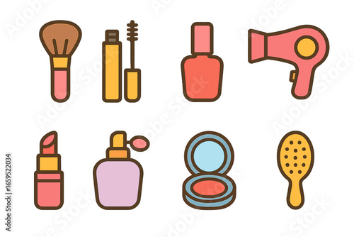Glam Icons for Kids. Flat vector mini-illustrations beauty glamour in colors children's illustrations: makeup brush, mascara, nail