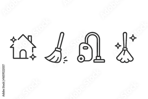 Simple line icons of house cleaning tools and equipment