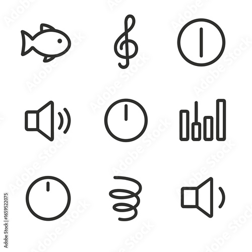 Audio Settings Icons. Outline icon set of tone settings in audio: bass, treble, midrange, volume, balance, equalizer, gain, reverb