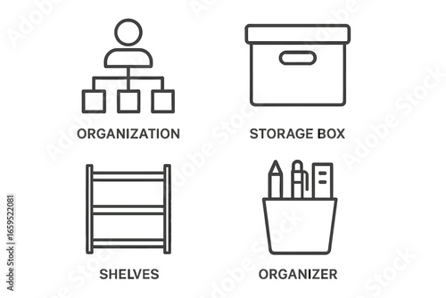 Organization icons: storage box, shelves, organizer, structure symbol in simple style