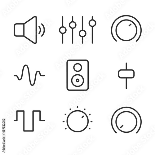 Audio Tuning Icons. Outline icon set of audio tuning: volume control, equalizer, bass boost, treble control, sound wave, stereo