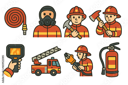 Firefighter Tools Icons. Flat vector mini-illustrations Firefighters working with high-risk equipment in