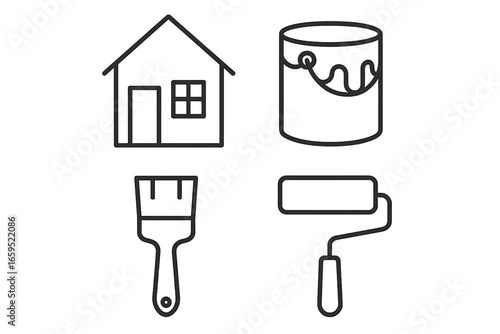 Home renovation icon set: house, paint can, brush, roller in black outline