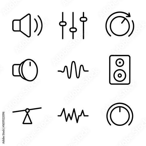 Audio Tuning Icons. Outline icon set of audio tuning: volume control, equalizer, bass boost, treble control, sound wave, stereo
