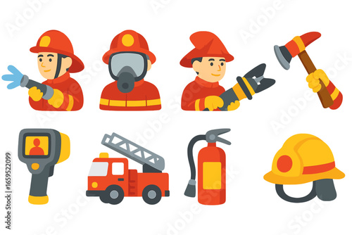 Firefighter Tools Icons. Flat vector mini-illustrations Firefighters working with high-risk equipment in