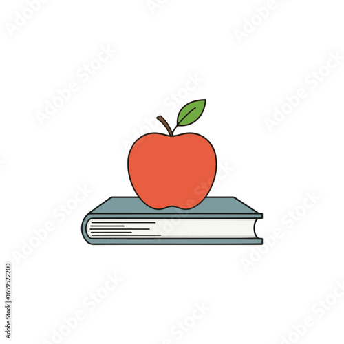 A bright red apple with a green leaf rests atop a closed, open-faced book, symbolizing knowledge and learning.