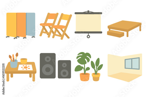 Flexible Community Spaces. Flat vector mini-illustrations Flexible indoor spaces for community use in colors