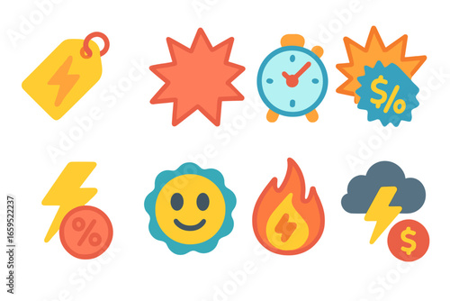 Flash Sale Icons. Flat vector mini-illustrations of flash sales in colors children's illustrations: lightning