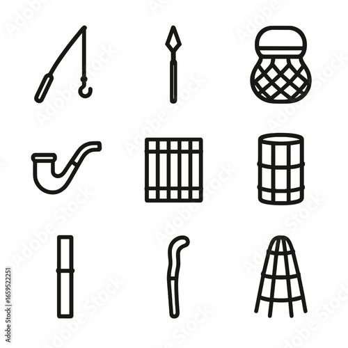 Bamboo Tools Icon Set. Outline icon set of bamboo traditional tools: bamboo fishing rod, bamboo spear, bamboo basket, bamboo mat,