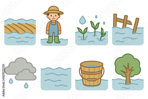 Flooded Farmland Icons. Flat vector mini-illustrations Flooded farmland in colors children's illustrations: