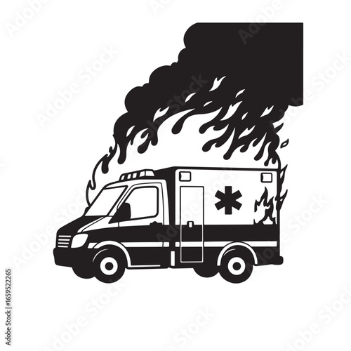 Burning ambulance illustration depicting disaster emergency medical services fire hazard black and white