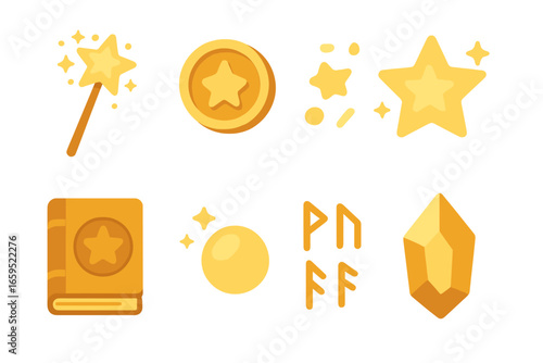 Golden Magic Icons. Flat vector mini-illustrations golden magic in colors children's illustrations: golden wand, enchanted coin,