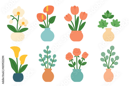 Floral Icon Grid. Flat vector mini-illustrations modern floral centerpieces in colors children's illustrations