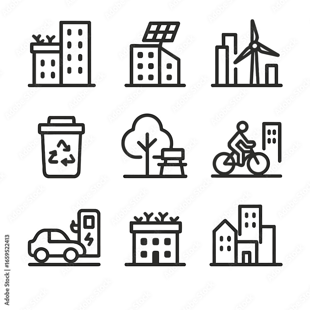 Fototapeta premium Green City Icons. Outline icon set of green city skyline: rooftop garden, solar panel, wind turbine, recycling bin, tree, park,