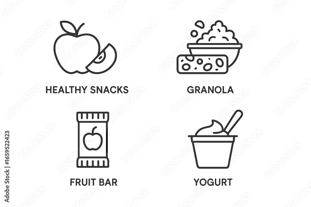 Fototapeta premium Healthy snacks icons: apple, granola, fruit bar, yogurt illustrations