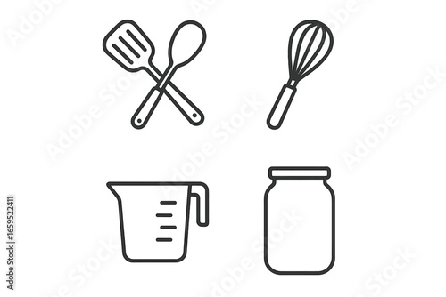 Kitchen utensil line icons featuring spatula, spoon, whisk, measuring cup, and jar