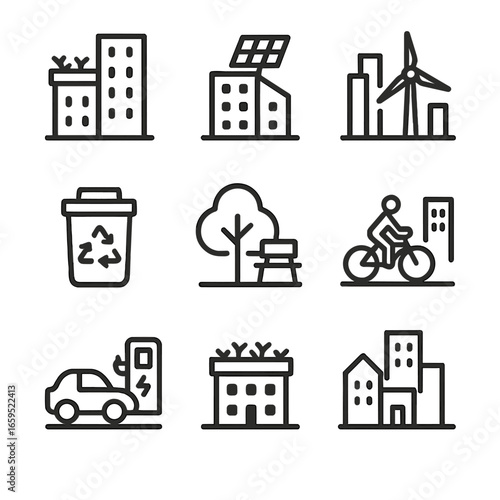 Green City Icons. Outline icon set of green city skyline: rooftop garden, solar panel, wind turbine, recycling bin, tree, park,