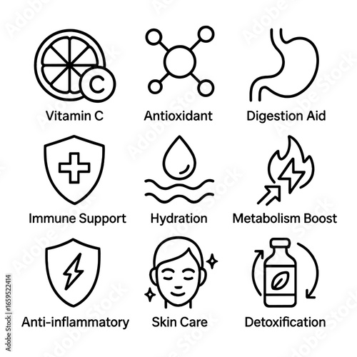 Grapefruit Benefits Icons. Outline icon set of grapefruit health benefits: vitamin C, antioxidant, digestion aid, immune support,