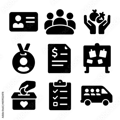 Food Co-op Icons. Solid, filled icons set of food co-op initiatives: member card, group meeting, shared