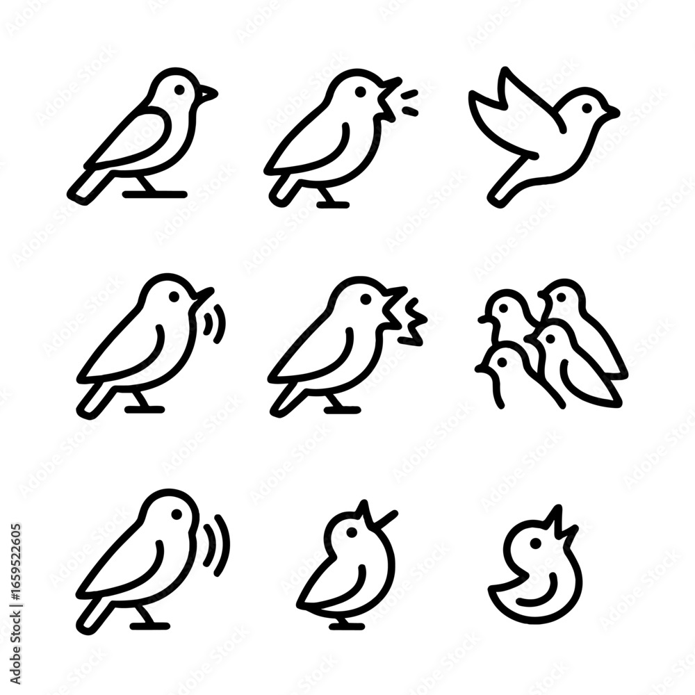 Fototapeta premium Bird Call Icons. Outline icon set of bird call behaviors: bird perched, open beak, flying bird, mating call, alarm call, flock