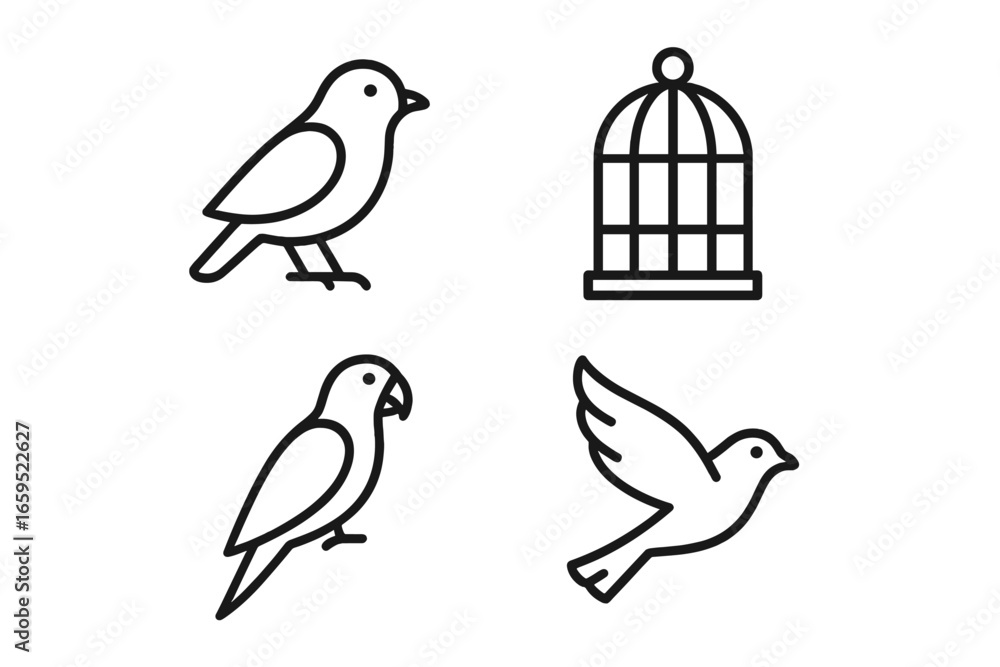 Fototapeta premium Minimalist bird and cage icons: flying, sitting, modern design