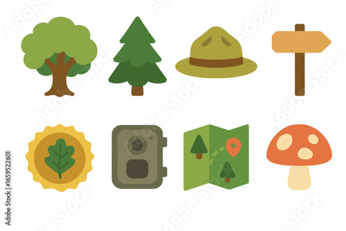 Forest Preservation Icons. Flat vector mini-illustrations Forest preservation in colors children's