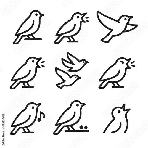 Bird Call Icons. Outline icon set of bird call behaviors: bird perched, open beak, flying bird, mating call, alarm call, flock