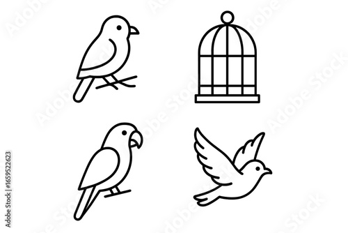 Bird collection and cage icons: perched, flying, and caged birds in minimalist design
