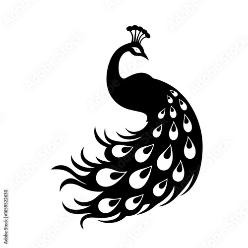 Peacock silhouette with fanned tail and teardrop patterns – Regal elegance, Minimalist beauty, Symbolic pride, peacock, bird, decorative, abstract