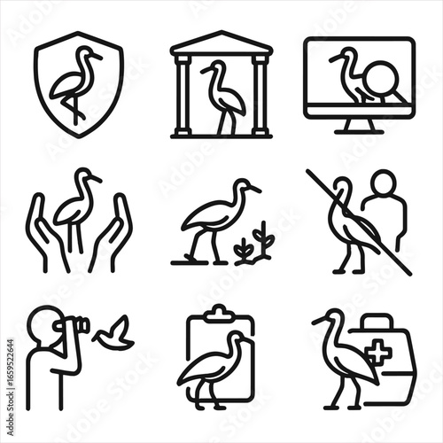 Bird Conservation Icons. Outline icon set of big bird conservation: protected area, wildlife sanctuary, monitoring, habitat