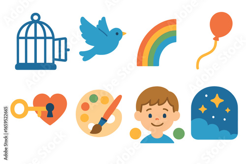 Freedom Symbols for Kids. Flat vector mini-illustrations of freedom of choice in colors children's