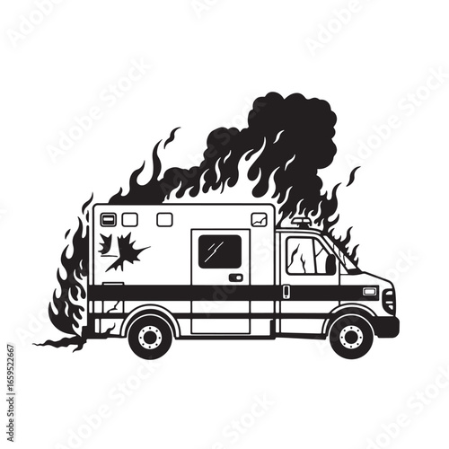 Burning ambulance illustration symbolizing disaster emergency and unforeseen crisis