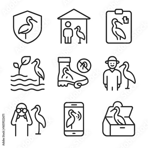 Bird Conservation Icons. Outline icon set of big bird conservation: protected area, wildlife sanctuary, monitoring, habitat