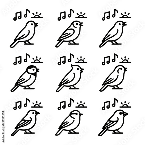 Bird Icon Collection. Outline icon set of bird species singing at dawn: canary, goldfinch, skylark, chickadee, titmouse, warbler,