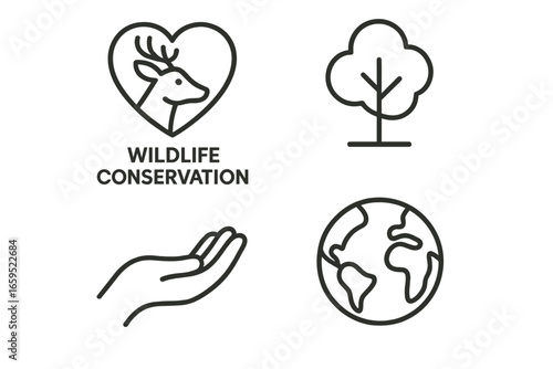 Wildlife conservation icons with deer, tree, earth, and hand