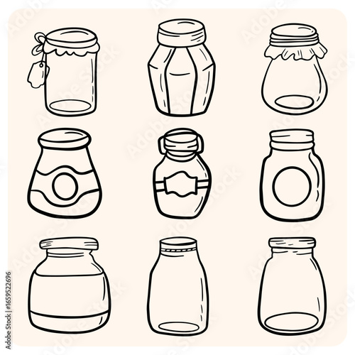 Hand-drawn food jars and containers doodles.