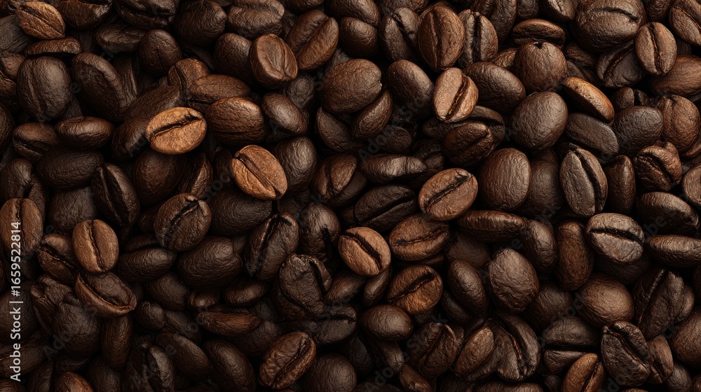 Obraz premium Coffee Bean Cascade: A close-up captures the rich texture of roasted coffee beans, showcasing the details of their form and aroma in a photorealistic display of culinary appeal. Generative AI