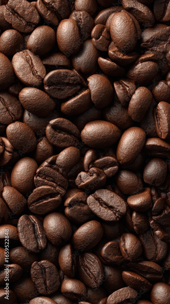 Fototapeta premium Roasted Coffee Bean: A captivating close-up showcases an exquisite scattering of freshly roasted coffee beans, each imbued with rich aroma and dark, glossy texture. Generative AI
