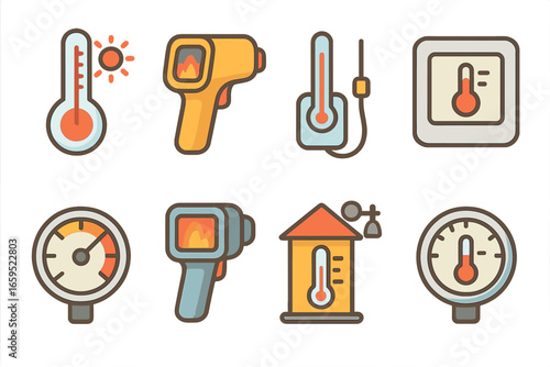 Heat Tools Icons. Flat vector mini-illustrations heat measuring tools in colors children's illustrations: thermometer, infrared