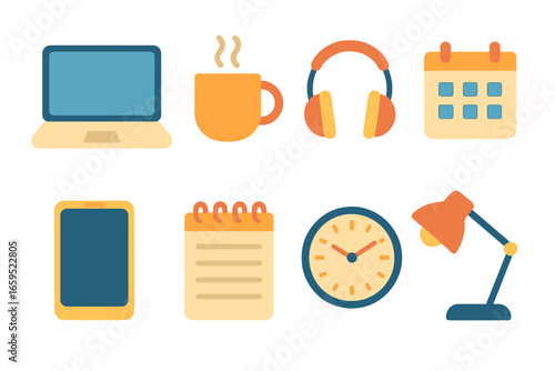 Freelancer's Daily Tools. Flat vector mini-illustrations freelancer daily routine in colors children's