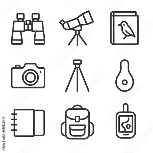 Birdwatching Gear Icons. Outline icon set of birdwatching gear: binoculars, spotting scope, field guide book, camera, tripod, bird