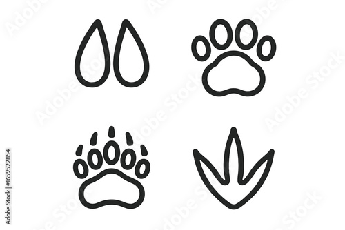 Set of animal footprints: canine, feline, bear, bird icons